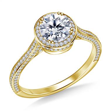 Diamond Halo Cathedral Engagement Ring in 18K Yellow Gold