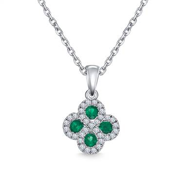 Diamond Halo Emerald Clover Pendant Necklace in 14K White Gold (2.7 mm)