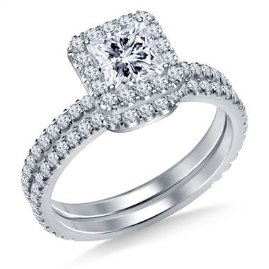 Diamond Halo Ring for Princess or Asscher Cut with Matching Band in Platinum
