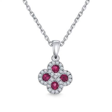 Diamond Halo Ruby Clover Pendant Necklace in 14K White Gold (2.7 mm)