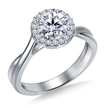 Diamond Halo Solitaire Engagement Ring with Twist Shank in 18K White Gold