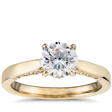 Diamond Pave and Milgrain Profile Solitaire Engagement Ring in 14k Yellow Gold (1/6 ct. tw.)