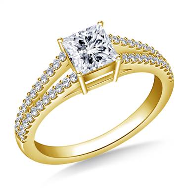 Diamond Split Shank Engagement Ring for Princess Asscher or Cushion Cut in 18K Yellow Gold