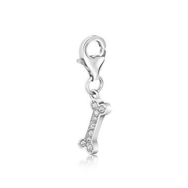 Dog Bone Charm with Crystal Accents in Sterling Silver
