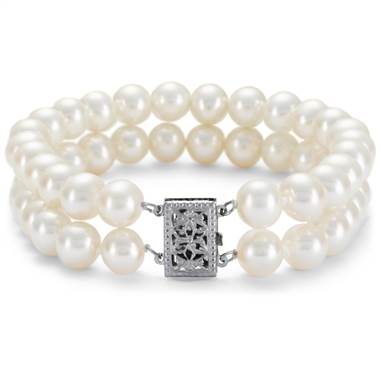 "Double-Strand Freshwater Cultured Pearl Bracelet in 14k White Gold (7.0-7.5mm)"