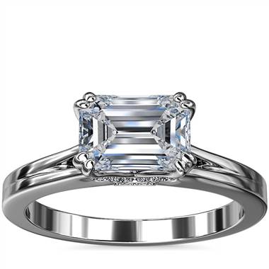 East-West Emerald Cut Solitaire Plus Diamond Engagement Ring in 14k White Gold