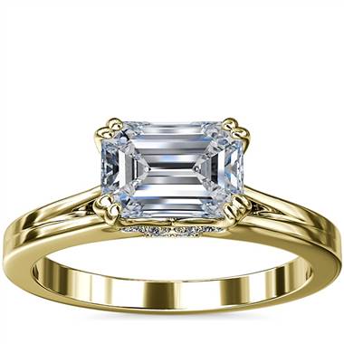 East-West Emerald Cut Solitaire Plus Diamond Engagement Ring in 14k Yellow Gold