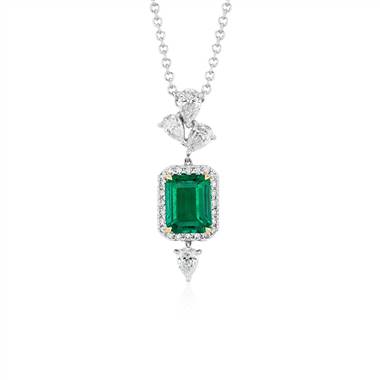 Elegant Emerald-Cut Emerald and Diamond Halo Pendant in 18k White and Yellow Gold (9x7mm)