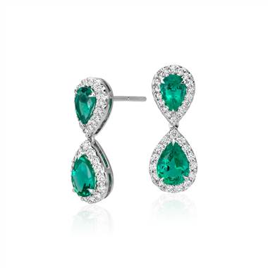 Emerald and Diamond Classic Drop Earrings in 18k White Gold (7x5mm)