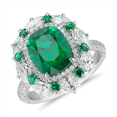 Emerald and Diamond Cocktail Ring in 18k White Gold (3.71 ct. center)
