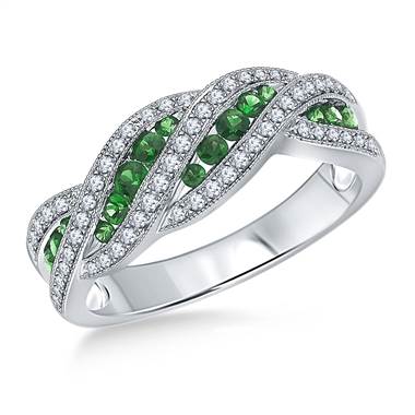 Emerald and Diamond Gemstone Swirl Ring in 14K White Gold