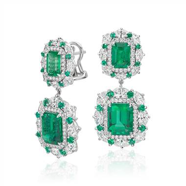 Emerald and Diamond Halo Drop Earrings in 18k White Gold (6.62 ct. tw.)