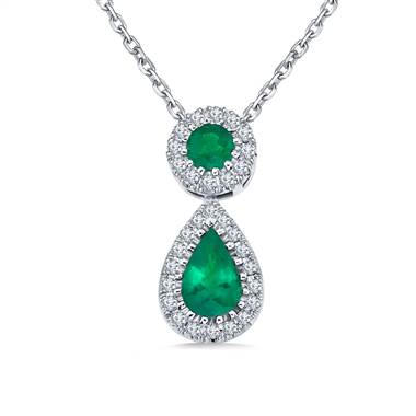 Emerald and Diamond Halo Drop Pendant Necklace in 14K White Gold (6x4mm)