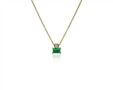 Emerald and Diamond Solitaire Pendant Necklace In 14k Yellow Gold