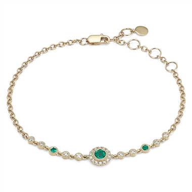 Emerald and Diamond Vintage Inspired Bracelet in 14k Yellow Gold (3.5mm)