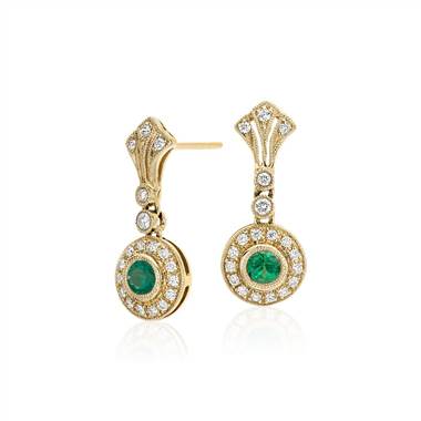Emerald and Diamond Vintage-Inspired Milgrain Drop Earrings in 14k Yellow Gold (3.5mm)