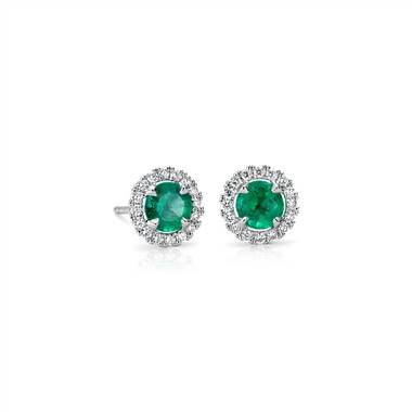 Emerald and Micropave Diamond Halo Stud Earrings in 18k White Gold (5mm)