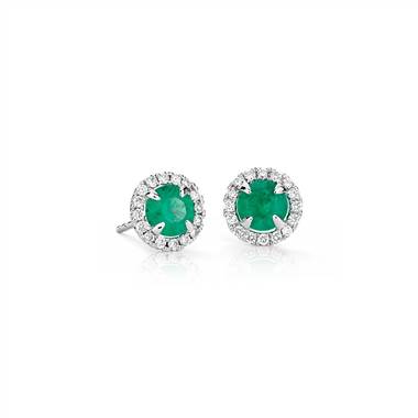 Emerald and Micropave  Diamond Stud Earrings in 18k White Gold (5mm)