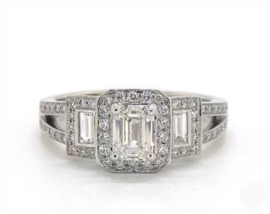 Emerald-Cut-3-Stone Split Shank Engagement Ring in 14K White Gold 4mm Width Band (Setting Price)
