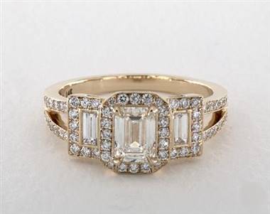 Emerald-Cut-3-Stone Split Shank Engagement Ring in 14K Yellow Gold 4mm Width Band (Setting Price)
