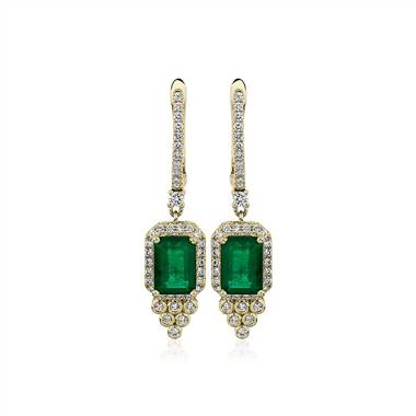 Emerald-Cut Emerald and Diamond Drop Earrings in 14k Yellow Gold