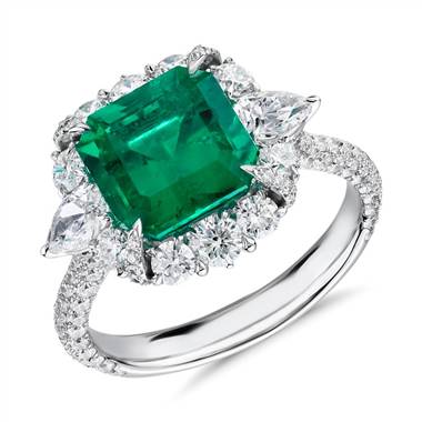 Emerald-Cut Emerald and Diamond Pear-Shaped Halo Ring in 18k White Gold