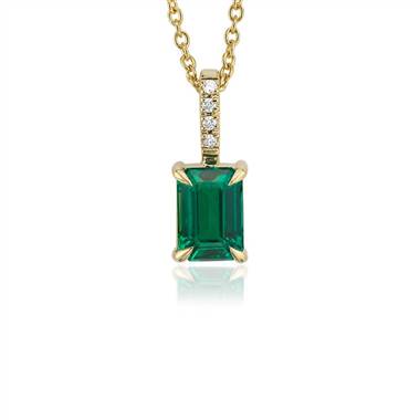 "Emerald-Cut Emerald and Diamond Pendant in 18k Yellow Gold (7x5mm)"