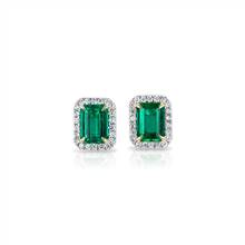 Emerald-Cut Emerald Stud Earrings with Diamond Halo in 14k White Gold with Yellow Gold Prongs (7x5mm) | Blue Nile