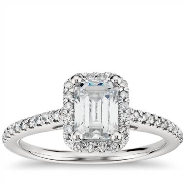 Emerald Cut Halo Diamond Engagement Ring in 14K White Gold