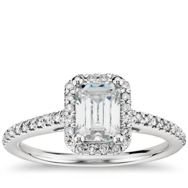Emerald Cut Halo Diamond Engagement Ring in Platinum