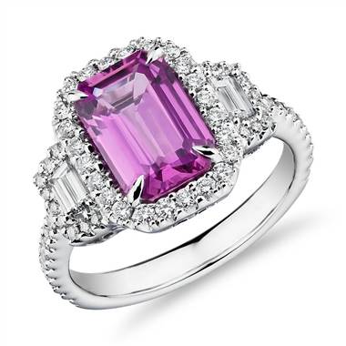 Emerald-Cut Pink Sapphire Ring with Diamond Trapezoid Sidestones in 18k White Gold (9.7x6.6mm)
