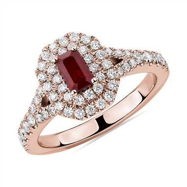 Emerald Cut Ruby and Diamond Double Halo Ring in 14k Rose Gold (5x3mm)