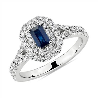 Emerald Cut Sapphire and Diamond Double Halo Ring in 14k White Gold (5x3mm)