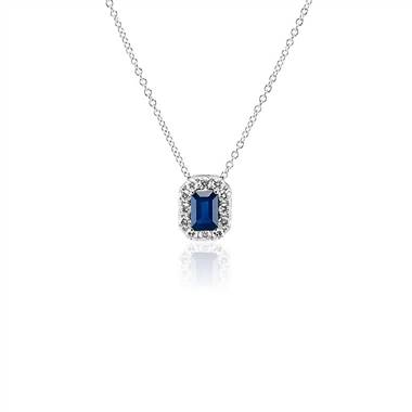 Emerald Cut Sapphire and Diamond Halo Pendant in 14k White Gold (6x4mm)