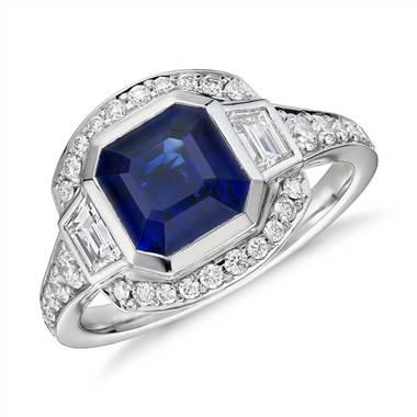 Emerald-Cut Sapphire and Diamond Halo Ring in 18k White Gold (2.62 ct. tw. center)