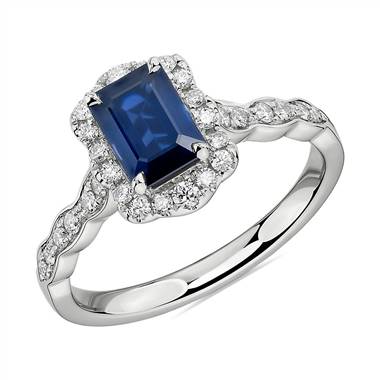 "Emerald Cut Sapphire Ring with Diamond Halo in 14k White Gold"