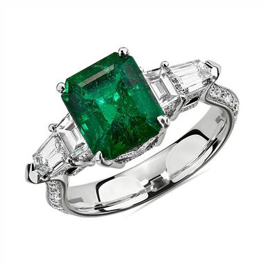 Emerald Ring with Diamond Sidestones in 18k White Gold