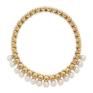 Estate Cultured Pearl and Diamond Necklace in 18k Yellow Gold (1 ct. tw.)