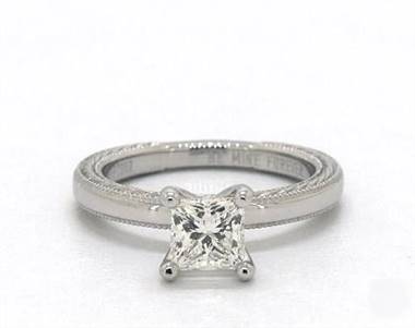 Etched Profile Solitaire Engagement Ring in 14K White Gold 2.40mm Width Band (Setting Price)