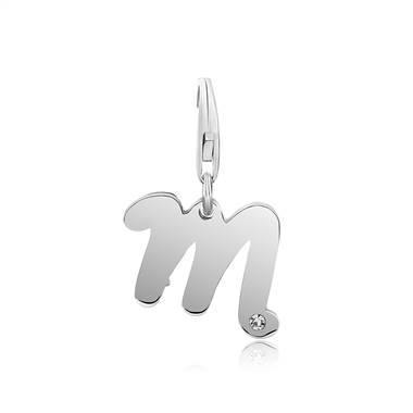 Fancy Alphabet Initial Charm Letter M with Crystal Accent in Sterling Silver