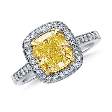 Fancy Intense Yellow Canary Cushion Cut Diamond Pave Halo Ring in 18K White Gold