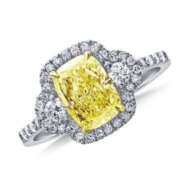Fancy Light Yellow Canary Cushion Cut Diamond Three Stone Halo Ring in 18K White Gold