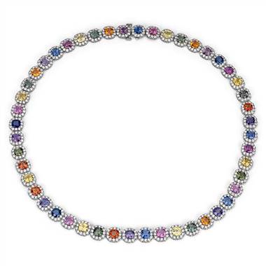 Fancy Sapphire and Diamond Halo Statement Necklace in 18k White Gold (37.92 ct. tw.)
