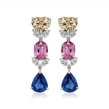 Fancy Shape Multicolor Sapphire and Diamond Drop Earrings in 18k White Gold