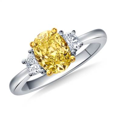 Fancy Yellow Canary Oval Cut Diamond Three Stone Ring in 14K White Gold