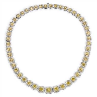 Fancy Yellow Diamond Double Halo Eternity Necklace in 18k White and Yellow Gold (23.11 ct. tw.)