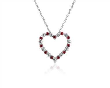 Floating Ruby and Diamond Heart Shaped Pendant Necklace In 14k White Gold (1.7mm)