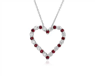 Floating Ruby and Diamond Heart Shaped Pendant Necklace In 14k White Gold (2.2mm)