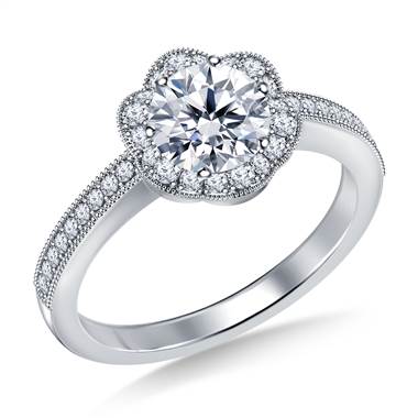 Floral Diamond Halo Pave Set Engagement Ring in 18K White Gold