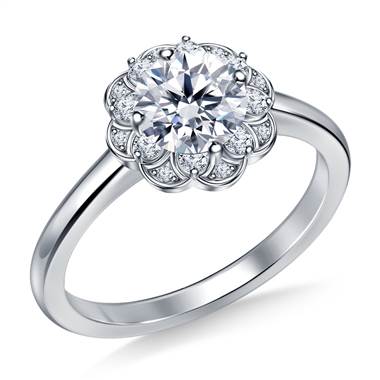 Floral Halo Petite Diamond Engagement Ring in 14K White Gold